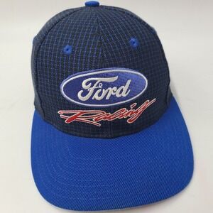 Vintage Ford Racing Hat Adjustable (Seems Small) Black Blue Logo Athletic Grid